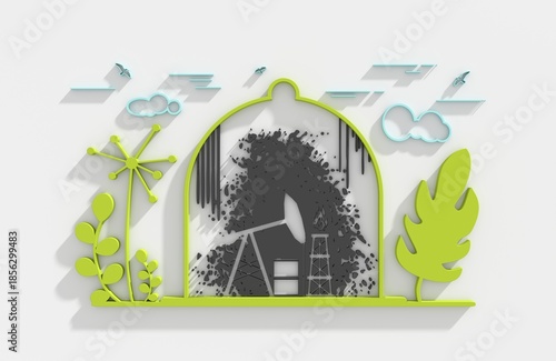 Oil pump under the glass dome surrounded by green plants. Earth day and save the world, zero waste concept. Growth, sustainability, environmental care, protection and nature conservation. 3D render