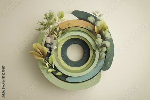 Stylized circular design with layered greenery and organic shapes for modern aesthetics.