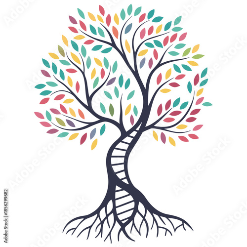 Stylized vector tree with DNA helix trunk and soft colorful leaves