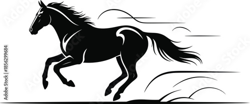 A black horse silhouette running with a flowing mane and tail isolated on white background.