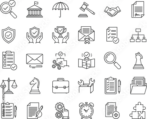 Set of thirty minimalist legal icons featuring courthouse gavel scales of justice handshake shield and business document in clean monoline style (22 words)