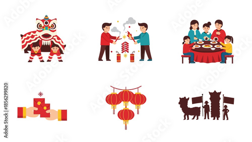 Celebration Activities Chinese New Year Icons Set - Flat Design