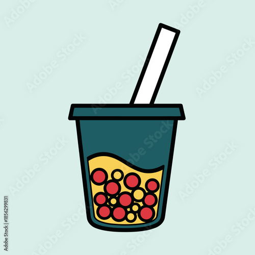 Illustration of a refreshing bubble tea drink with tapioca pearls.