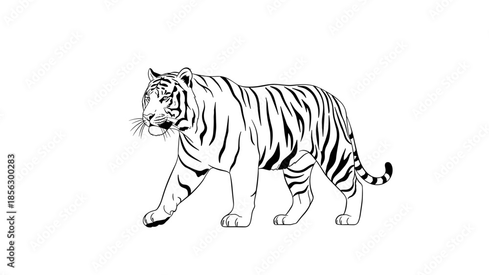 Obraz premium Black and White Tiger Illustration Walking.
