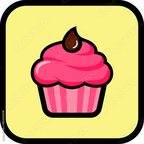 Illustration of a Delicious Cupcake with Pink Frosting and Chocolate Drizzle.