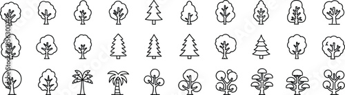 Tree and forest outline icon set featuring various woodland plant shapes for nature ecology landscape web and app design projectsWeb