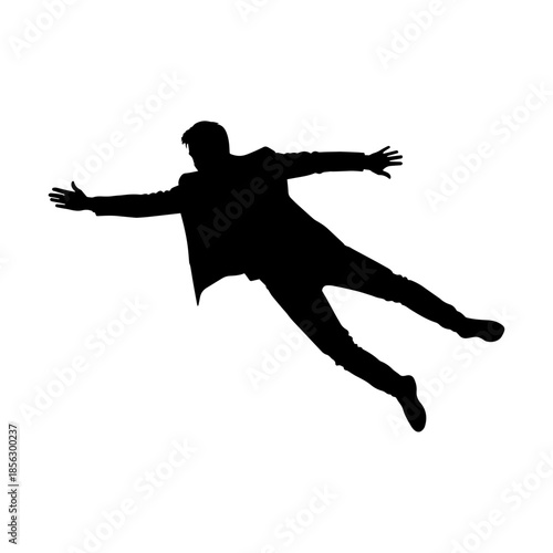 Silhouette of a person falling with arms and legs outstretched.
