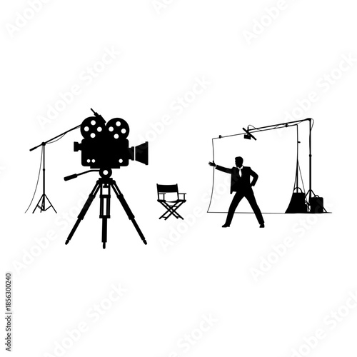 Classic film production equipment and director silhouette in studio.