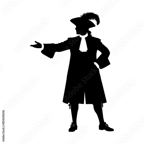 Silhouette of historical man in elaborate costume with feathered hat.