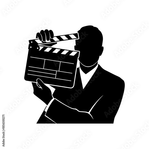 Silhouette of person holding clapperboard for film production.