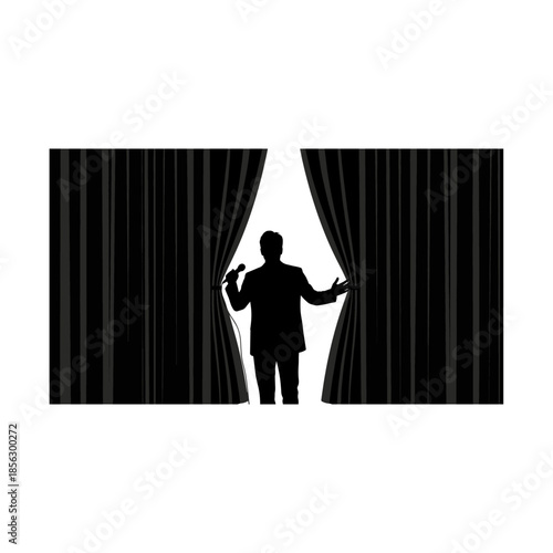 Silhouette of person holding microphone on stage behind curtains.