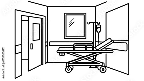 Hospital Bed with IV Drip in Room.