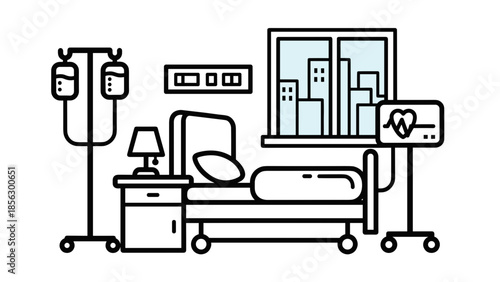 Hospital Room with Medical Equipment and Bed.