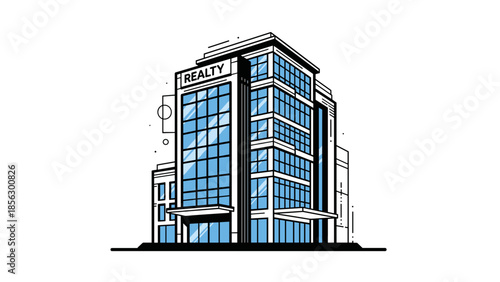 Modern Office Building with Realty Signage.