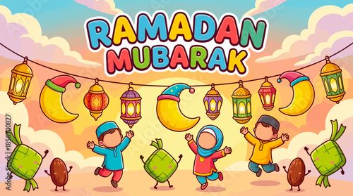 Joyful Ramadan Mubarak Celebration: Kids, Lanterns, and Festive Spirit