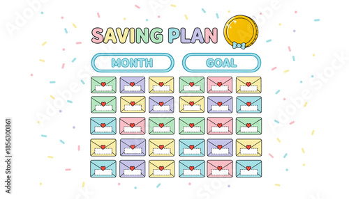 Cute Savings Plan Tracker with Colorful Envelopes and Coin