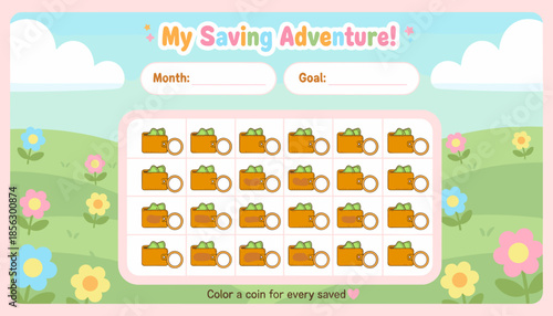Cute printable saving adventure chart for children featuring piggy banks, coins, and a cheerful floral landscape.