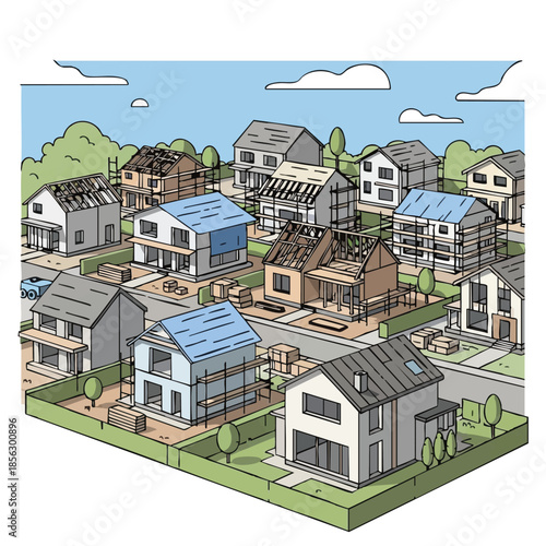 New Housing Development Construction Site with Houses Underway.