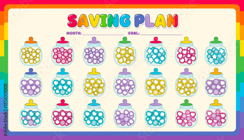 A colorful and playful saving plan chart with 18 candy jars, designed for tracking monthly financial goals with a vibrant rainbow border.
