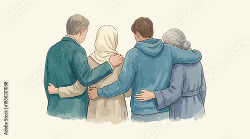 Four diverse people, including an older man, a woman in a hijab, a young man, and an older woman, stand with arms around each other's shoulders, showing unity and support.