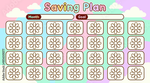A cute pastel-colored saving plan tracker with flower-themed squares for daily or weekly progress.