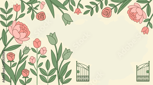 A decorative illustration of a lush garden border with pink flowers, green leaves, and two open ornate gates on a light background.