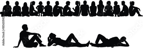 Silhouette of diverse people sitting and reclining in various poses, exploring human interaction, posture, and social dynamics in groups.