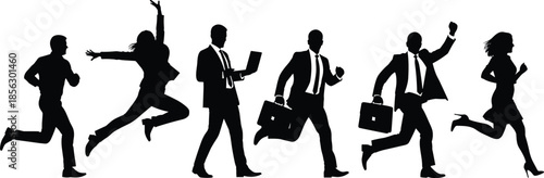 Silhouette of dynamic businesspeople in motion, running, walking, and leaping to represent urgency, teamwork, and corporate productivity concepts