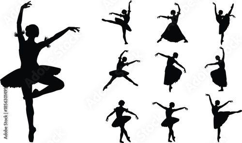 Silhouettes of ballet dancers in elegant poses showcasing classical dance movements, grace, flexibility, and artistic expression in black style