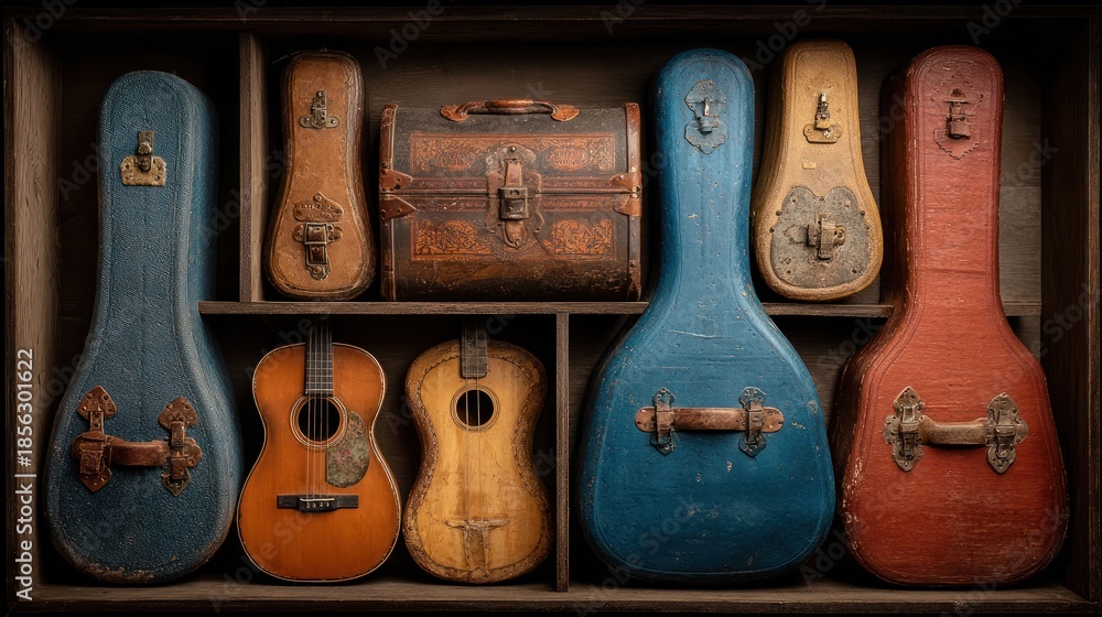 Naklejka premium Collection of Vintage Ukuleles and Cases in Wooden Display.