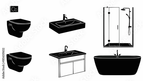 Collection of modern bathroom fixtures and shower enclosure.