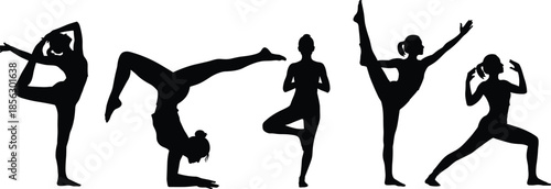 Silhouettes of dancers and yogis in dynamic poses showcasing balance, flexibility, and strength on a white background for wellness themes