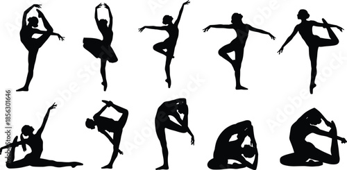 Silhouettes of diverse individuals performing yoga and dance poses showcasing balance, flexibility, and artistic movement on white background for wellness themes