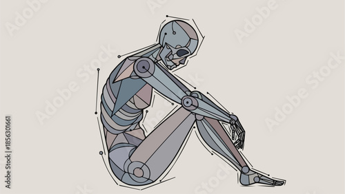 Anatomical drawing of a human skeleton in a seated pose.