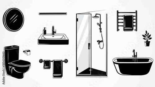 Collection of modern bathroom fixtures and accessories in black and white.