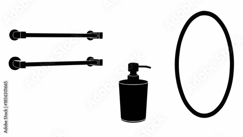 Bathroom accessories silhouette including towel bars soap dispenser and mirror.