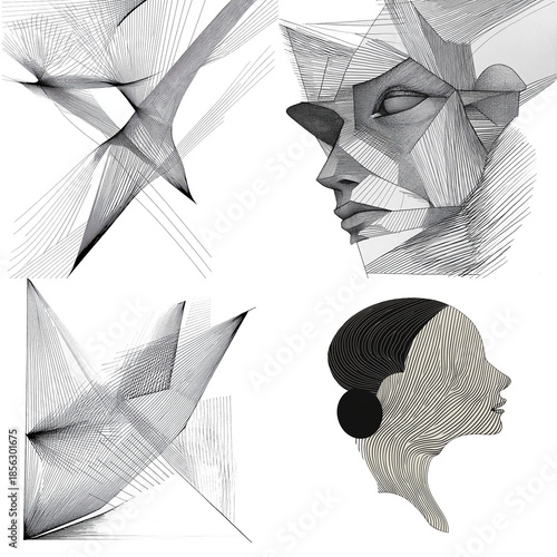 Geometric illustrations of human profiles showcasing abstract art and modern design elements