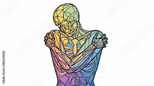 Abstract human figure with colorful geometric patterns embracing itself.