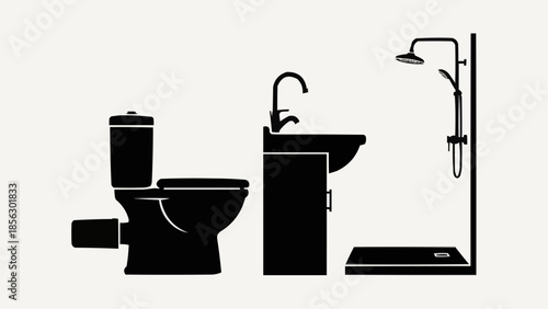 Bathroom fixtures silhouette toilet sink shower head.