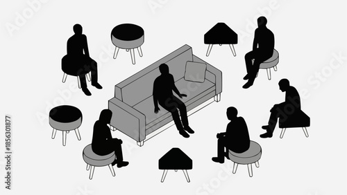 Group of people sitting around a sofa in a meeting or therapy session.