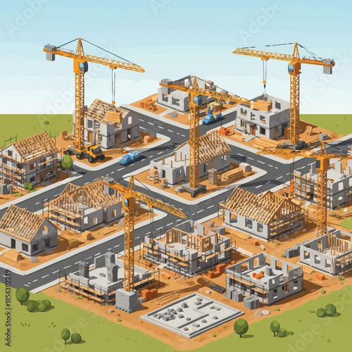 Construction site with cranes and houses under construction.