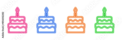 Neon glowing birthday cake vector icons set, celebration, party, festive, anniversary, sweet dessert, candle, glowing, vibrant colorful digital design illustration on transparent background.