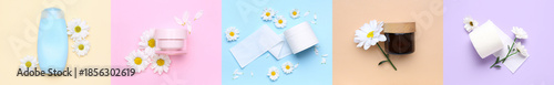 Fotografie Collage of natural chamomile cosmetics with toilet paper on light color backgrou