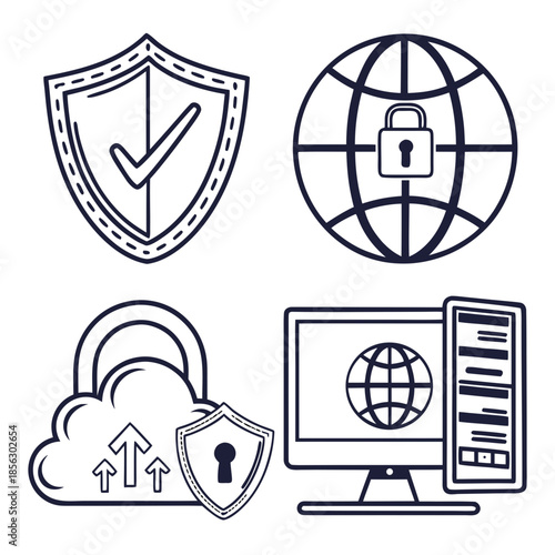 Cyber security icon set. Data and network protection symbols for app, ui, website. Computer technology protection, internet safety, secure cloud access, privacy vector icons.
