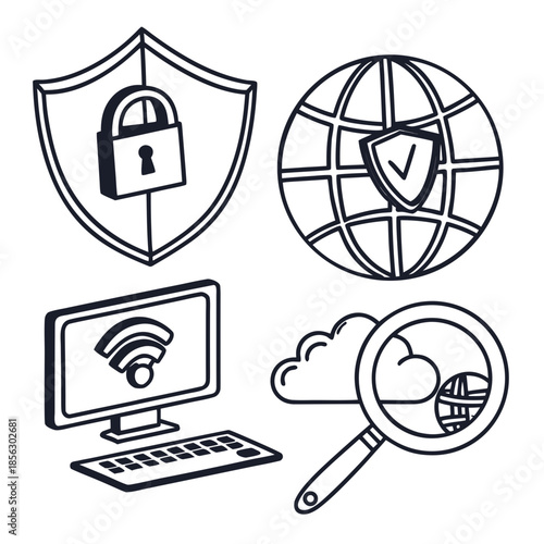 Cyber security icon set. Data and network protection symbols for app, ui, website. Computer technology protection, internet safety, secure cloud access, privacy vector icons.