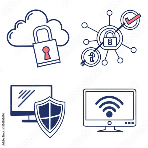 Cyber security icon set. Data and network protection symbols for app, ui, website. Computer technology protection, internet safety, secure cloud access, privacy vector icons.