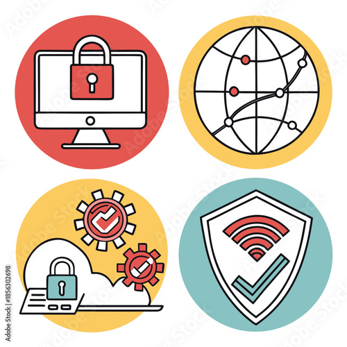 Cyber security icon set. Data and network protection symbols for app, ui, website. Computer technology protection, internet safety, secure cloud access, privacy vector icons.