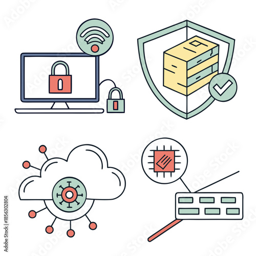 Cyber security icon set. Data and network protection symbols for app, ui, website. Computer technology protection, internet safety, secure cloud access, privacy vector icons.