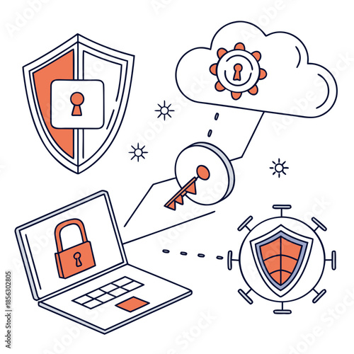 Cyber security icon set. Data and network protection symbols for app, ui, website. Computer technology protection, internet safety, secure cloud access, privacy vector icons.