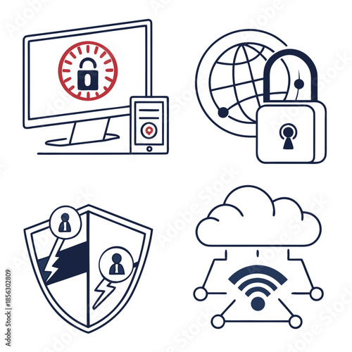 Cyber security icon set. Data and network protection symbols for app, ui, website. Computer technology protection, internet safety, secure cloud access, privacy vector icons.
